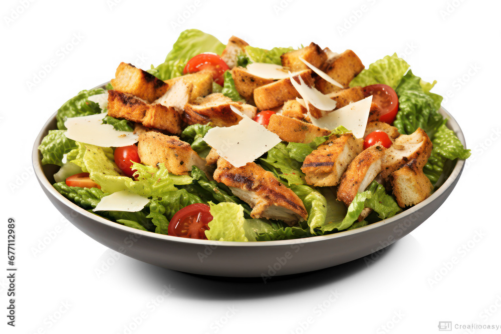 bowl of fresh caesar salad with garden vegetables isolated on a transparent background - obrazy, fototapety, plakaty 