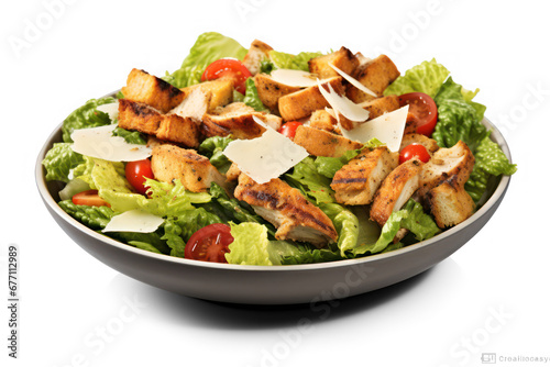 bowl of fresh caesar salad with garden vegetables isolated on a transparent background photo