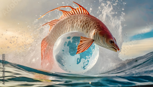 Goldfisch auf globus, ozean, wellen, meer, neu, surreal, digital artwork, Rettung der Meere,  photo