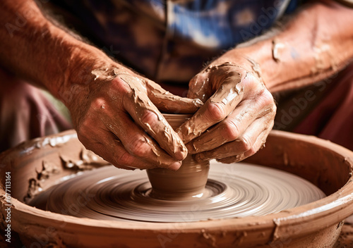 close up shot of hands covered in clay, potter at work