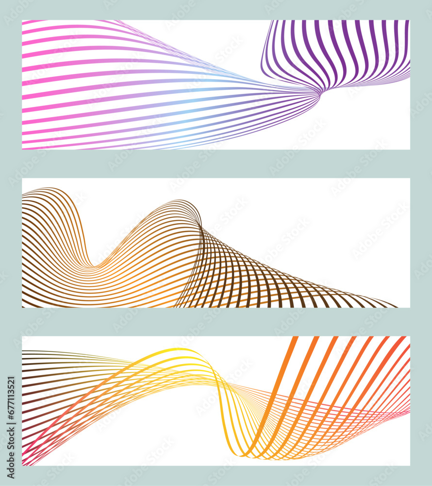 Wavy lines or ribbons. Set of 3 backgrounds. Multicolored striped gradient. Creative unusual background with abstract gradient wave lines to create a trendy banner, poster. vector eps Wavy lines or ribbons. Set of 3 backgrounds. Multicolored striped gradient. Creative unusual background with abstract gradient wave lines to create a trendy banner, poster. vector eps