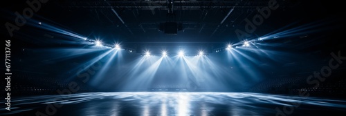 Magnificent basketball court in a dark, empty arena illuminated by powerful white lights.