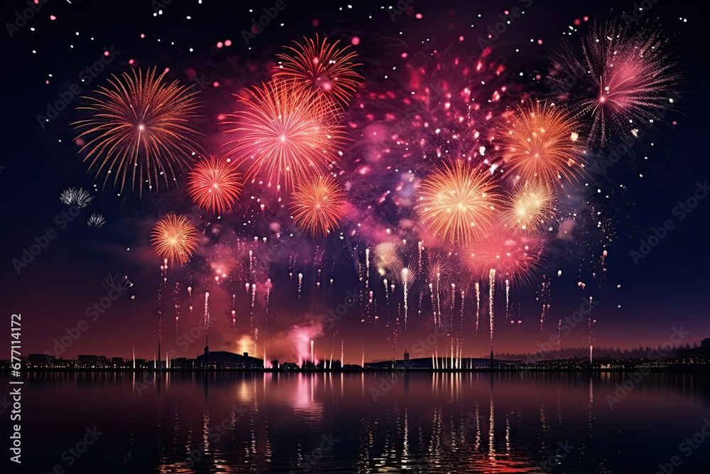 Colourful fireworks show above the city for wallpaper, presentation and gift card design