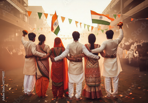 Traditional Indian family celebrating Republic Day, View from the back. This day marks the anniversary of India's independence from the British Empire. photo