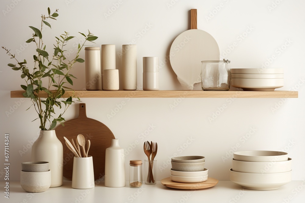 A simple yet elegant kitchen, featuring sustainable items like wooden spoons, glass jars, and cloth produce bags, in a clutter-free, minimalist setting, embodying zero-waste living.