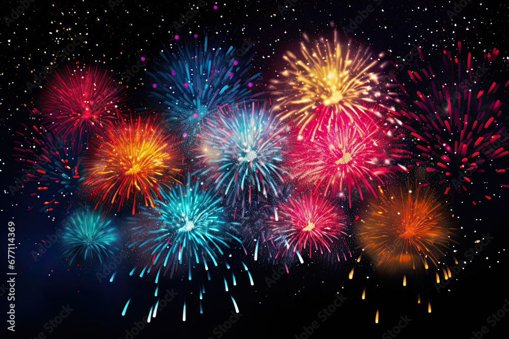 Colourful fireworks show in the night sky for wallpaper, presentation and gift card design Colourful fireworks show in the night sky for wallpaper, presentation and gift card design