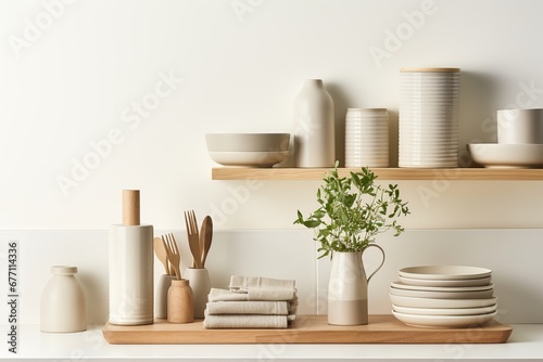 A simple yet elegant kitchen, featuring sustainable items like wooden spoons, glass jars, and cloth produce bags, in a clutter-free, minimalist setting, embodying zero-waste living.