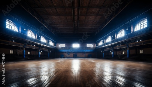 The serene solitude a majestic basketball court illuminated amidst the encompassing darkness © Ilja