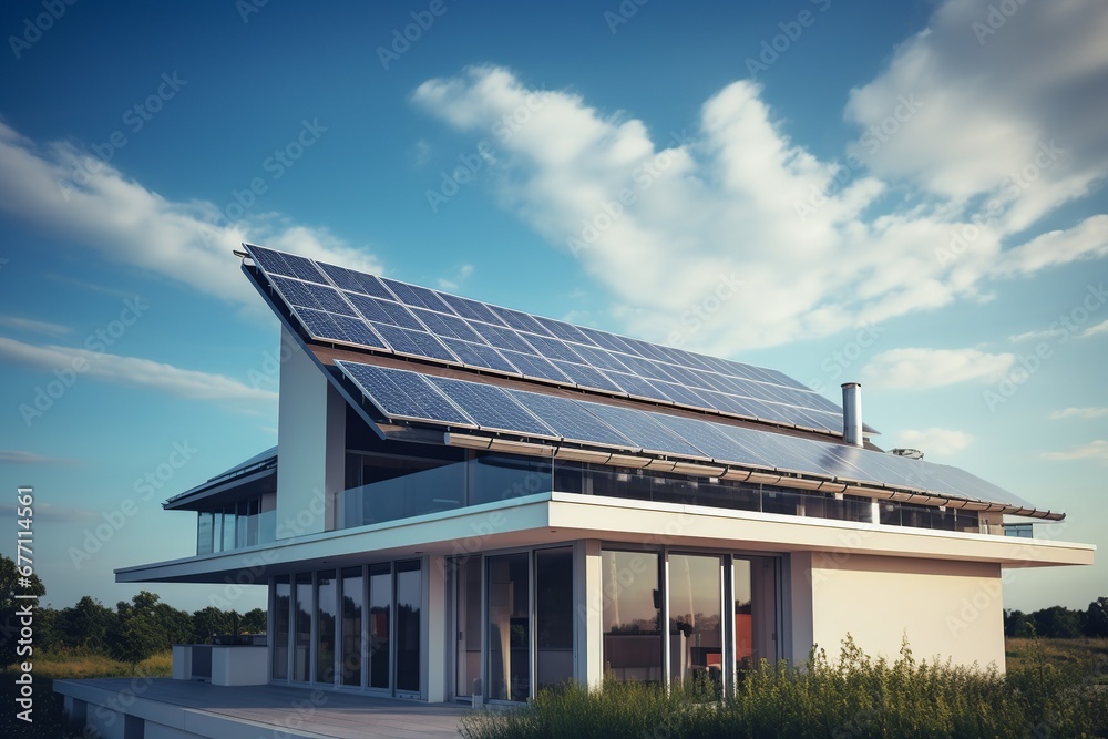 A sleek, modern house featuring solar panels, set against a backdrop of a clear, vivid blue sky, symbolizing sustainable living. A sleek, modern house featuring solar panels, set against a backdrop of a clear, vivid blue sky, symbolizing sustainable living.