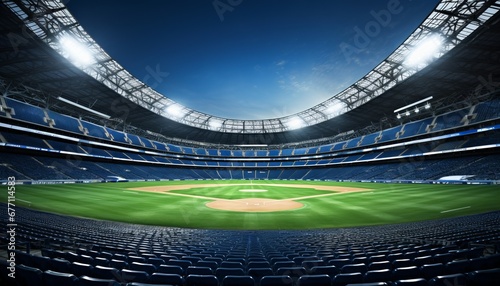 Nighttime view of empty baseball stadium with radiant spotlights on immaculate diamond