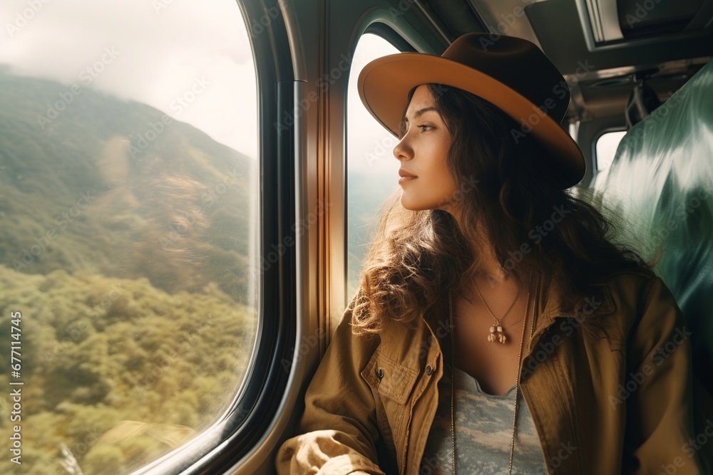 A female traveler, captured in high-quality film aesthetics, hangs out of a train window, gazing in awe at a stunning landscape, embodying adventure and inspiration.