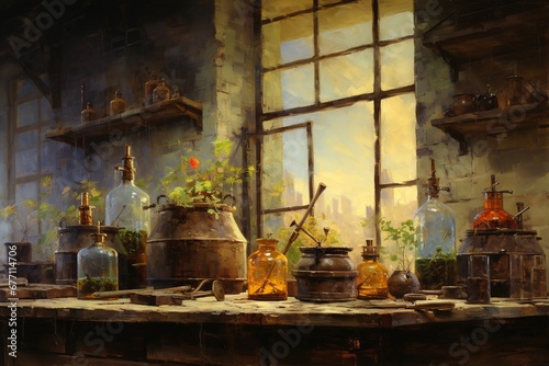An oil painting depicting the discovery of penicillin in a vintage early 20th-century laboratory, with a mood of curiosity and breakthrough, featuring textured brushstrokes.