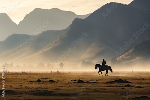 Landscape photography capturing a peaceful scene of a rider and horse against a mountain backdrop, enveloped in early morning mist, evoking tranquility. photo