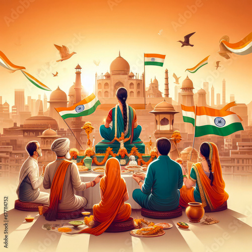 Traditional Indian family celebrating Republic Day, View from the back. photo