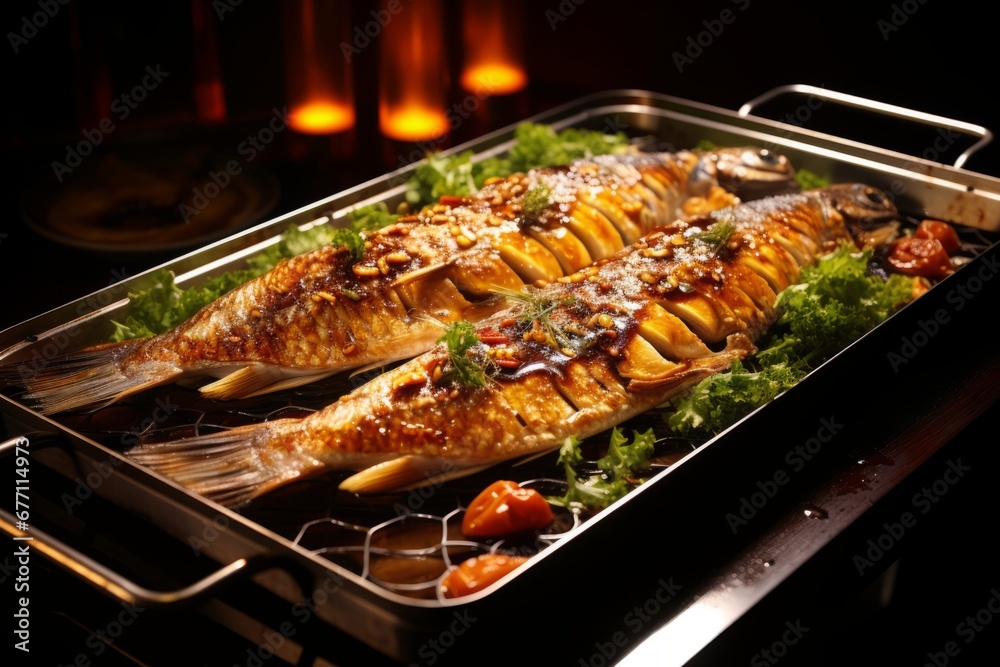Perfectly roasted fish fillet in a sizzling pan, ready to be served with herbs and lemon