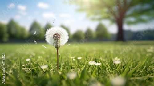 a single white dandelion and standing tall in a lush green field photo