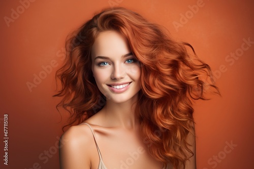 Happy beautiful haired woman, Looking at the camera, one color background, generative ai