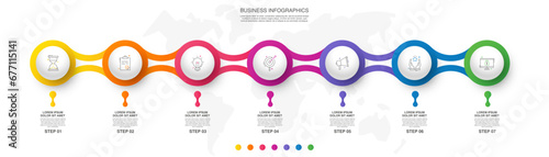 Vector infographic design template. Modern timeline concept with seven steps, circles. Vector illustration used for diagram, workflow layout, banner, webdesign, presentations, flowchart