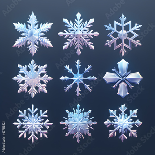 Christmas crystal snowflakes set on clean background. blue glow  Vector illustration