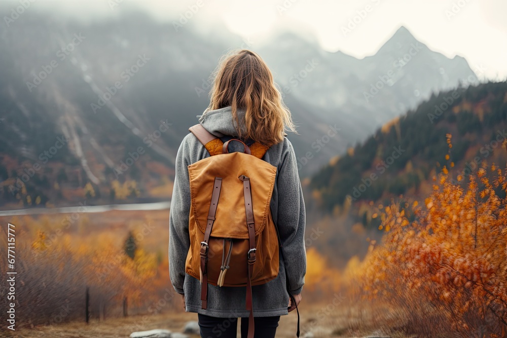 Young woman with backpack enjoying an adventurous hike in nature while admiring the breathtaking view from a mountain peak at sunset.