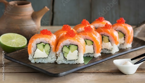 Philadelphia roll sushi with salmon, cucumber, avocado, cream cheese, tobiko caviar. Sushi menu. Japanese food.