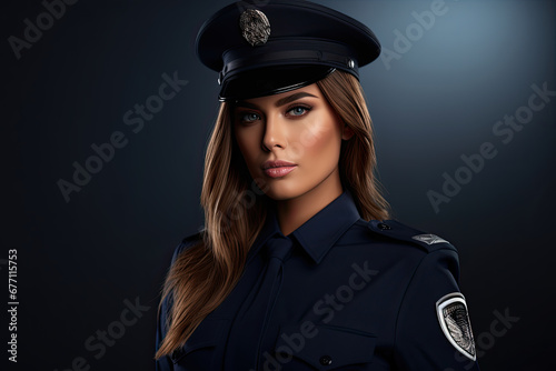 Portrait of a stylish and attractive young policewoman in a black suit.