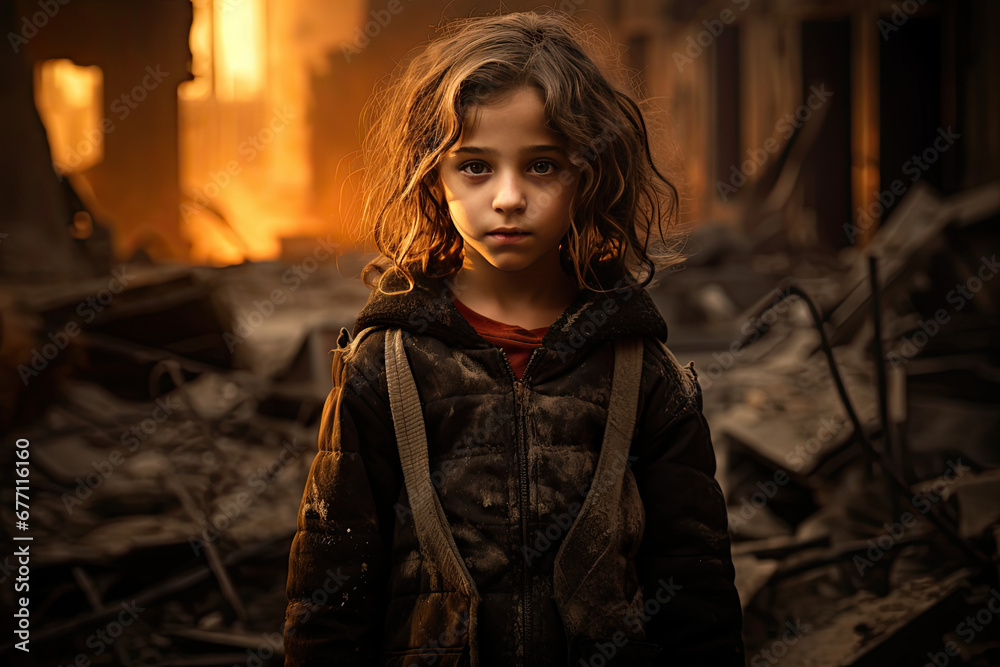 A little girl lost her home due to a catastrophic disaster or war A little girl lost her home due to a catastrophic disaster or war
