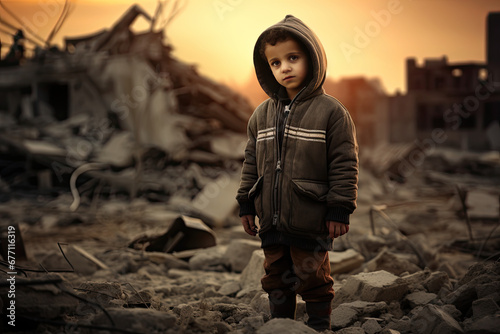 A little boy lost his home due to a catastrophic disaster or war