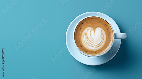 Freshly Brewed Cappuccino in White Cup on Turquoise Blue Background. Latte Art Design. Top Down View.