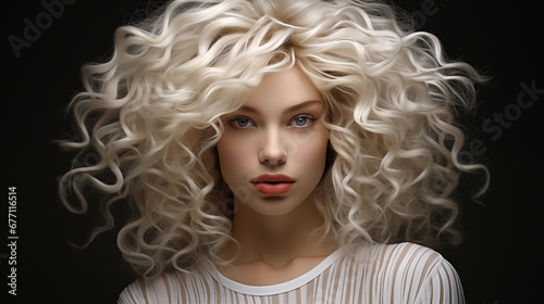 Close-up of woman with curly platinum blonde hair