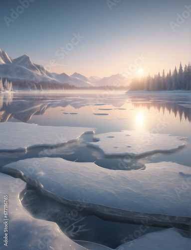 Sunrise Serenity: Frozen Lake in Morning Glow. generative AI