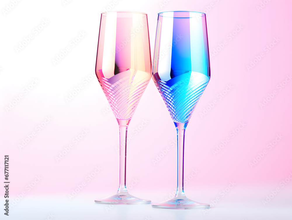 Christmas and new year Champagne wine glass on pink and blue gradient background. 3D Rendering Christmas and new year Champagne wine glass on pink and blue gradient background. 3D Rendering