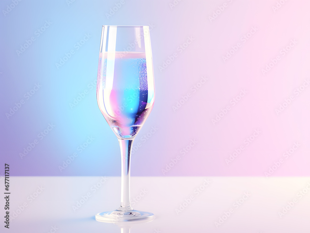 Christmas and new year Champagne wine glass on pink and blue gradient background. 3D Rendering