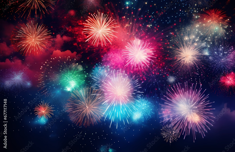 Colorful fireworks explode in the night sky with red, blue, green, and pink lights.