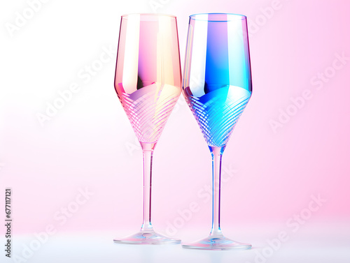 Christmas and new year Champagne wine glass on pink and blue gradient background. 3D Rendering