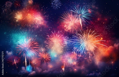 Colorful fireworks explode in the night sky with red  blue  green  and pink lights.