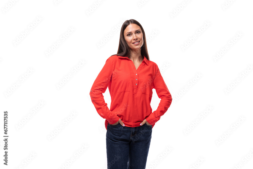 young successful pretty brunette secretary woman dressed in a red shirt on a white background with copy space young successful pretty brunette secretary woman dressed in a red shirt on a white background with copy space