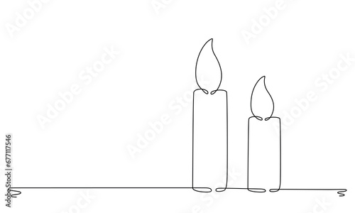 Christmas candle with burning flame. One continuous single line hand drawing art. Vector stock illustration isolated on white background for design template greeting card, invitation. Editable stroke