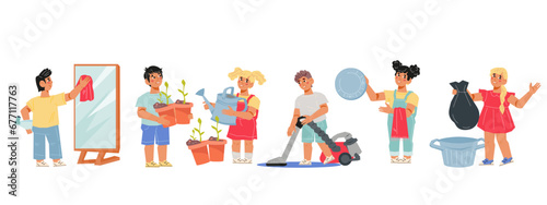 Children characters involved in household chores. Kids get skills for clean and organized home, flat vector illustration on white background. Teaching children about housework and cleanliness.