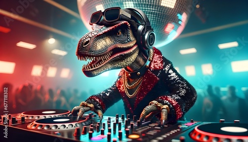 Anthropomorphic dinosaur as dj in the nightclub photo