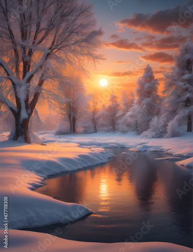 Winter Wonderland Sunset: Serene Snowscape in Warm Hues. generative AI © EVISUAL