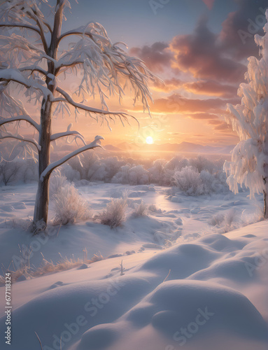 Winter Wonderland Sunset: Serene Snowscape in Warm Hues. generative AI © EVISUAL