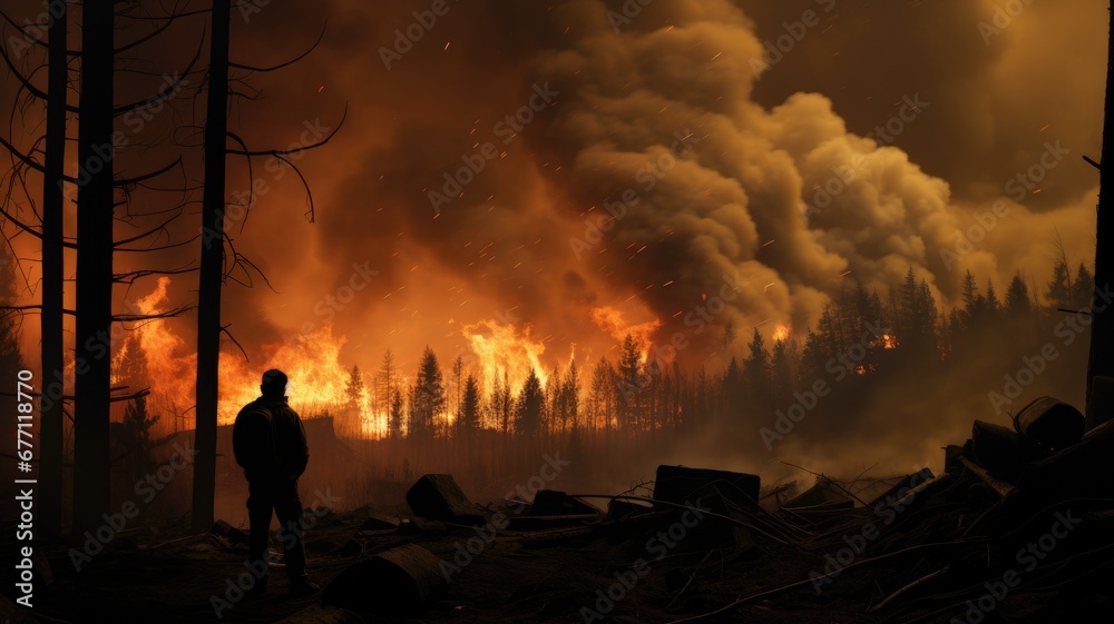 A person observes a devastating wildfire consuming a forest under a smoke-filled sky