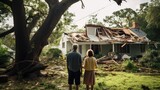 An elderly couple looking at their damaged home after a disaster
