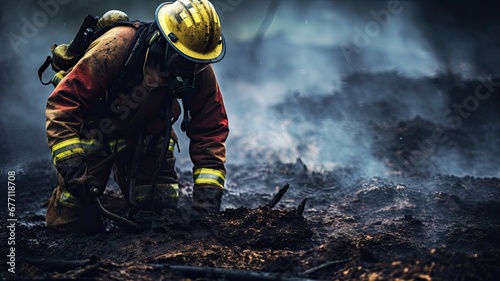 A firefighter crouches, inspecting the aftermath of a forest fire