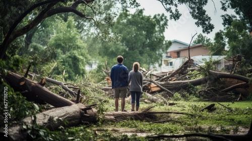 Two people amidst a devastated landscape with fallen trees after a storm photo
