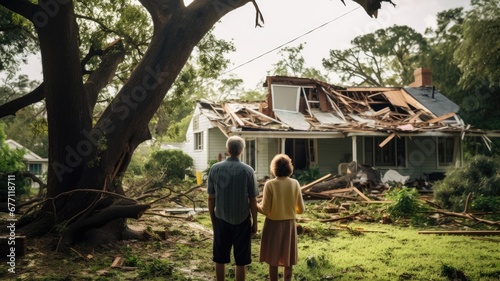An elderly couple looking at their damaged home after a disaster photo
