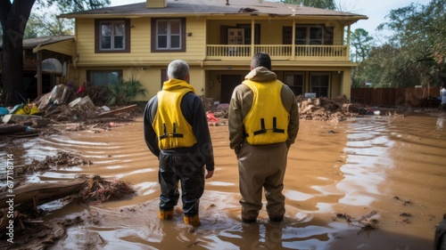 Two individuals in life vests observe a flooded house, standing in deep water photo
