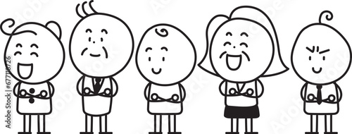 手を組んで立つ笑顔の人たちのイラストセット