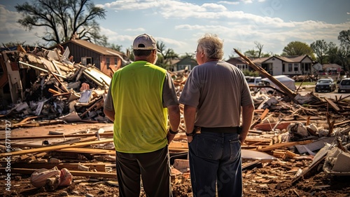 Two men stand before the rubble of a destroyed home, contemplating the devastation
